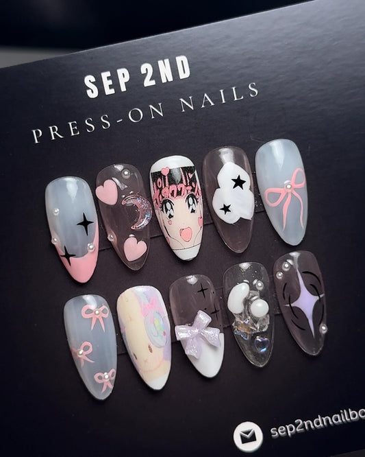 Anime Girl Press-On Nails | Colorful Gel Nail Artist Faux Nails